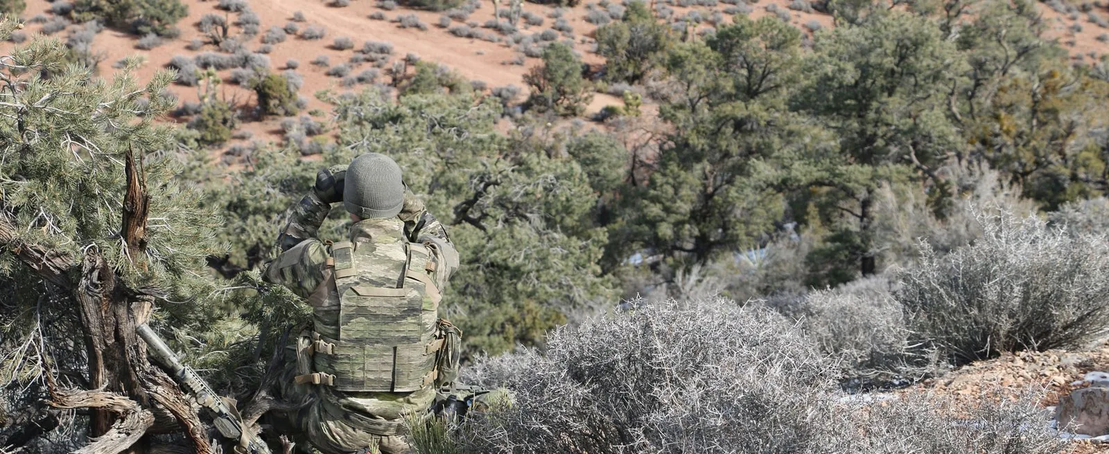 A-TACS iX operator concealed in scrub terrain