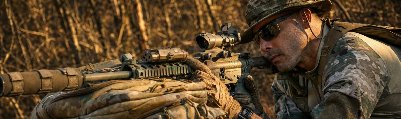 A-TACS U|CON operator in prone firing position, golden hour